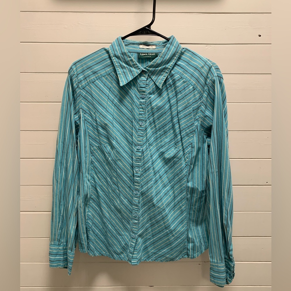 Teal Striped Button Down Women’s Shirt XL Lemon Grass Studio Stretch